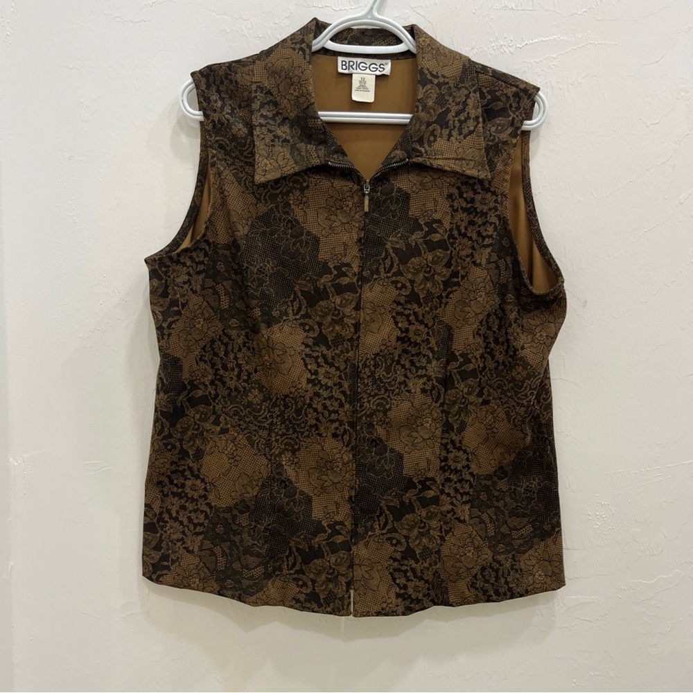 Briggs New York Tan and Black Zip-Up Top Vest Size 12 Floral